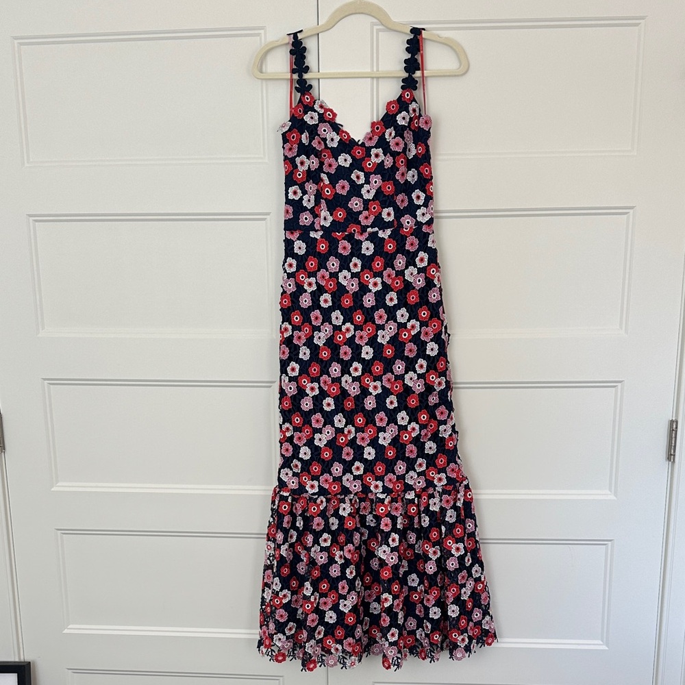 Monique Lhuillier Navy and Red Floral Dress
